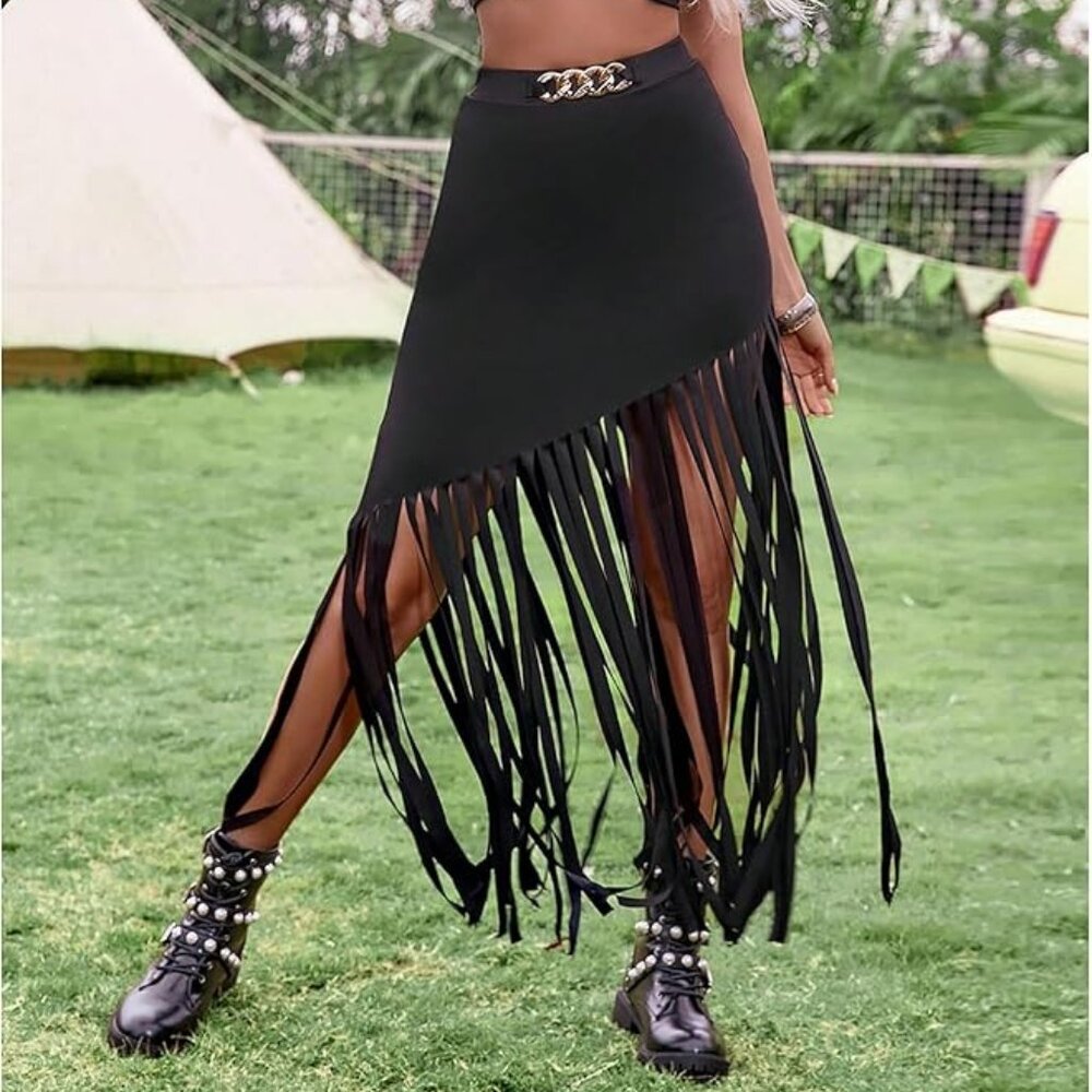 Women's Asymmetrical Fringe Hem Maxi Skirt